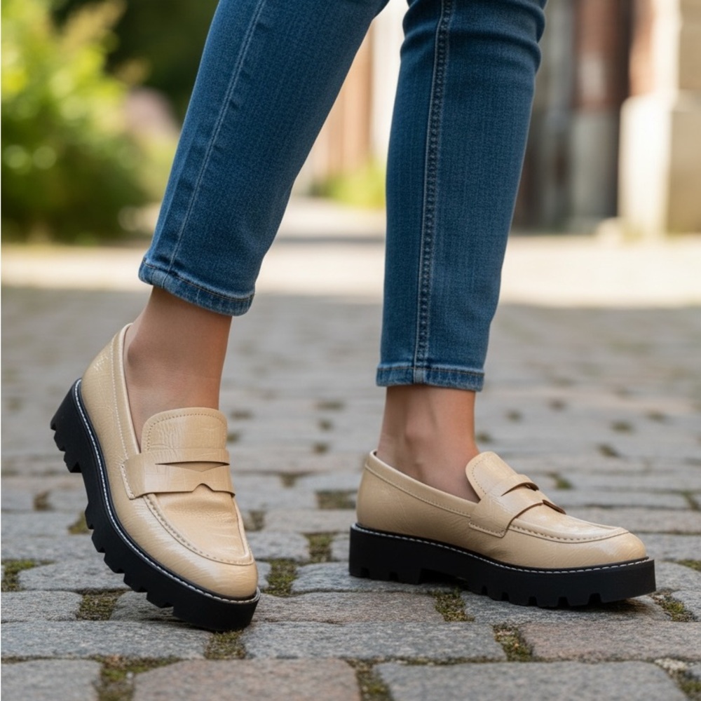 Franco Sarto shiny cream loafers with chunky black heel